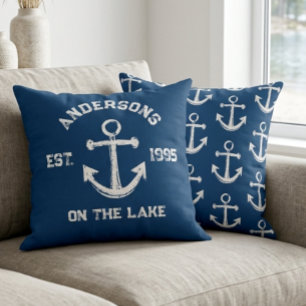 Coussin Ancre Vintage Rustique Nom Ét. Bleu Marine