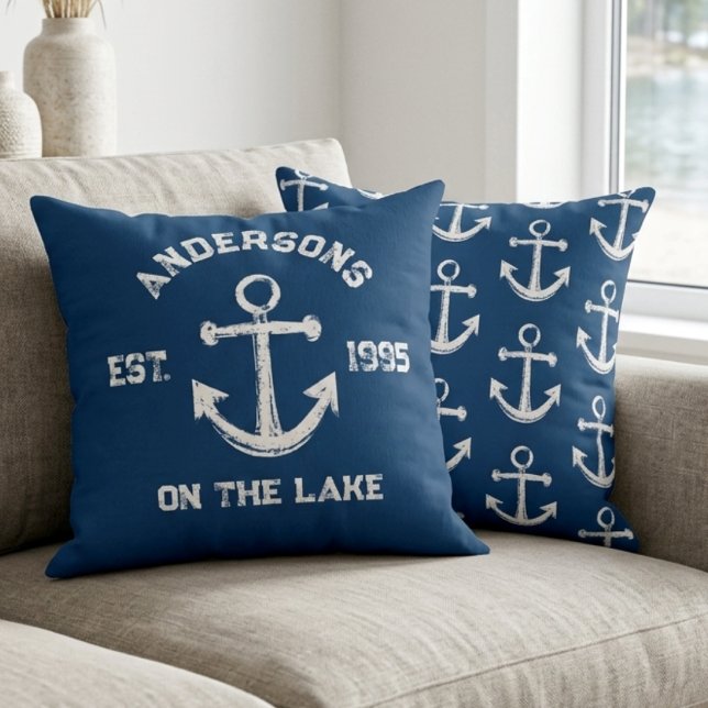 Coussin Ancre Vintage Rustique Nom Ét. Bleu Marine  (Créateur téléchargé)