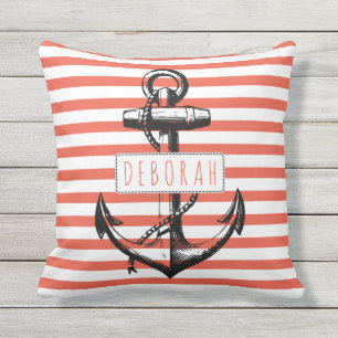 Coussin ancre vintage sur corail rayé motif nautique nauti