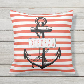 Coussin ancre vintage sur corail rayé motif nautique nauti