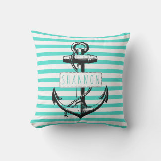 Coussin ancre vintage turquoise rayé motif nautique  nauti