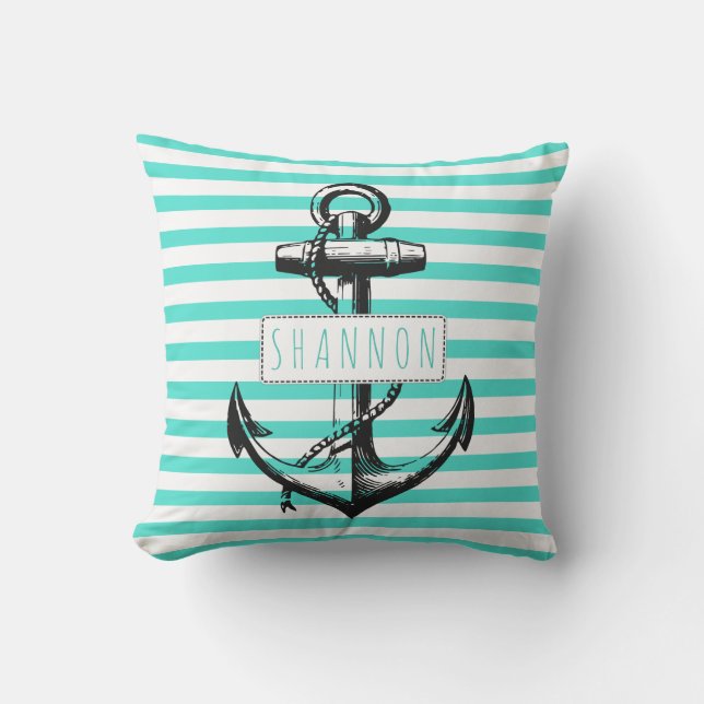 Coussin ancre vintage turquoise rayé motif nautique  nauti (Recto)