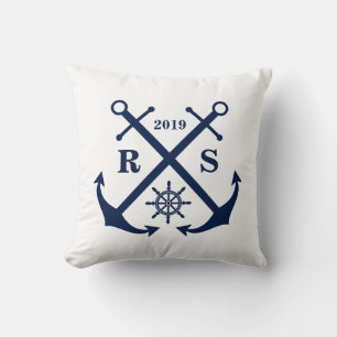 Coussin Ancres bleu et blanc Monogramme Nautique