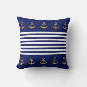 Coussin Ancres dorées, rayures bleues et blanches sur fond