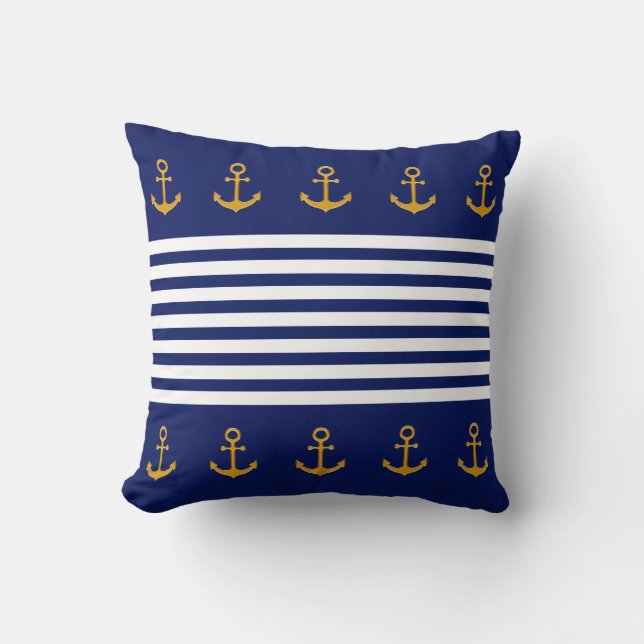 Coussin Ancres dorées, rayures bleues et blanches sur fond (Recto)