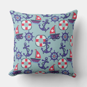 Coussin Ancres et voiliers Bleu et rouge nautique