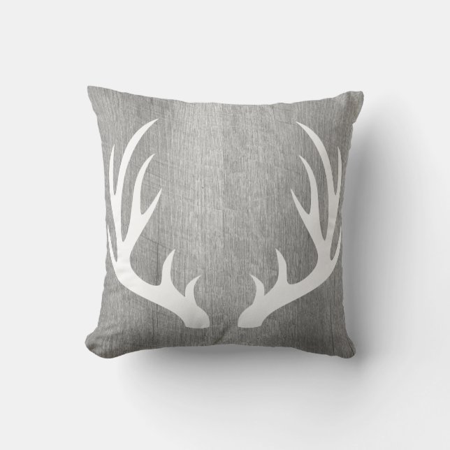 Coussin Andouillers blancs en bois gris-clair de cerfs (Recto)