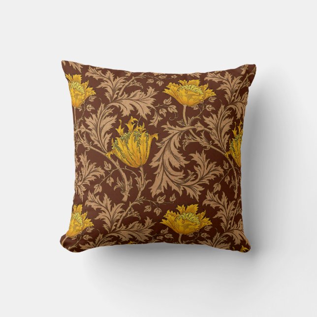 Coussin Anémone William Morris, Brun et Or Moutarde (Recto)