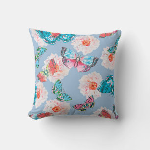 Coussin Anémones pastel et papillons colorés aquarelle