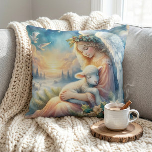Coussin Ange de Noël avec agneau dans la paix hivernale
