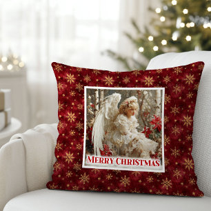 Coussin Ange rustique victorien rouge or fêtes de Noël