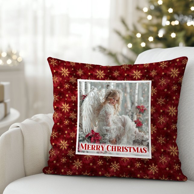 Coussin Ange victorien paisible Noël rouge et or  (Peaceful Victorian Angel Red and Gold Christmas Pillow)