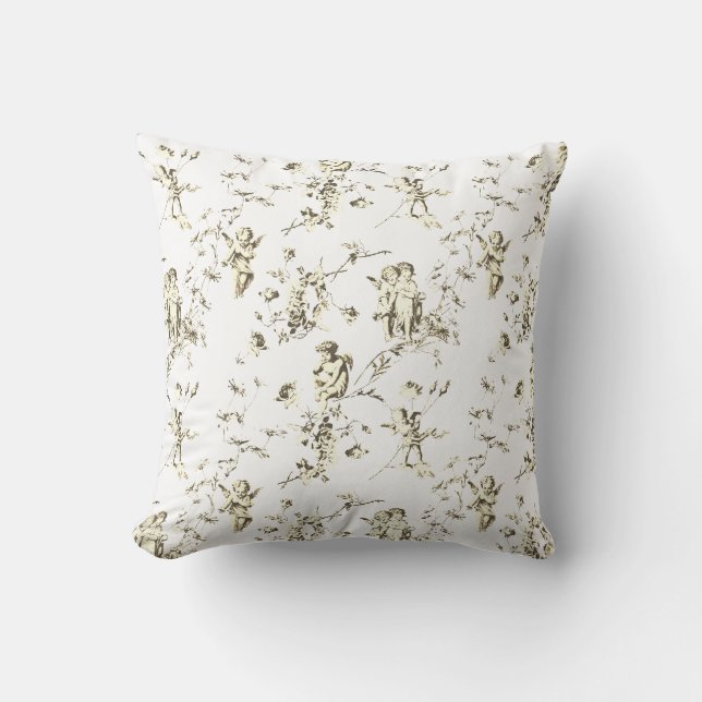 Coussin Anges Cupidons Élégants Floral Toile Beige Blanc (Recto)