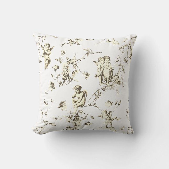 Coussin Anges Cupidons Élégants Floral Toile Beige Blanc (Recto)