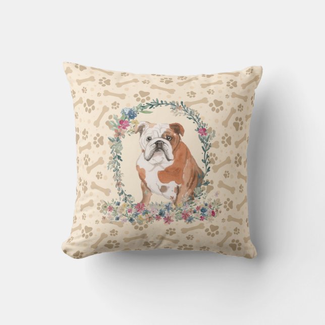 Coussin Anglais Bulldog Empreinte de patte & Floral Cute (Recto)