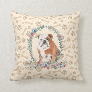 Coussin Anglais Bulldog Empreinte de patte & Floral Cute