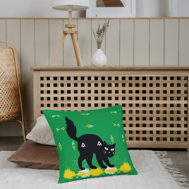 Coussin Animal Chat Noir Sur Vert Blanc Jaune Mélange Mode (Créateur téléchargé)