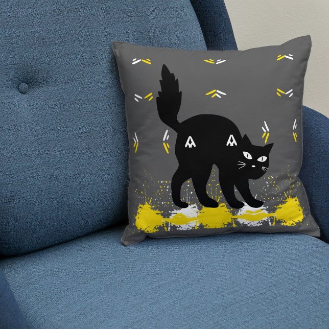 Coussin Animal de compagnie Chat noir sur gris blanc Jaune (Créateur téléchargé)