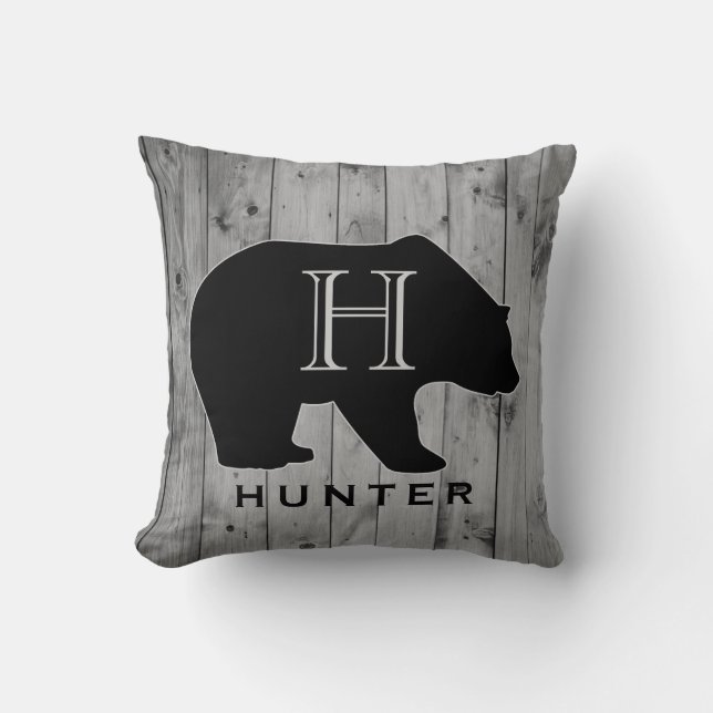 Coussin Animal rustique en bois gris de monogramme d'ours (Recto)