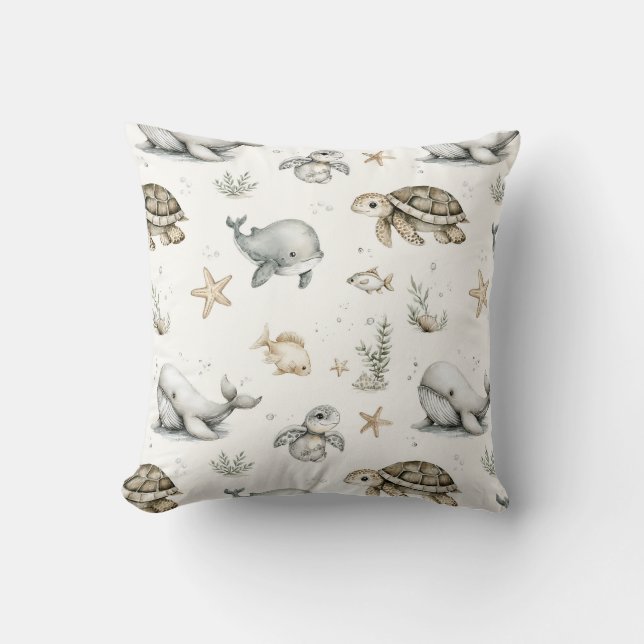 Coussin Animaux Bébés Océan Aquarelle Mignons  (Recto)