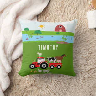 Coussin Animaux de ferme et tracteur rouge Barnyard Nom pe