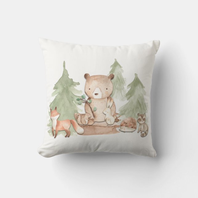 Coussin Animaux de la forêt de bois aquarelle Chambre de b (Recto)