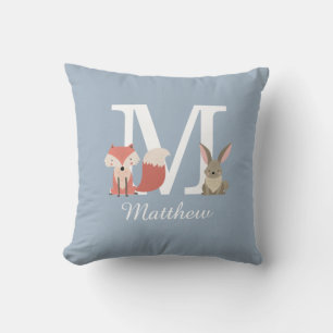 Coussin Animaux de la forêt en bleu poussiéreux Monogramme