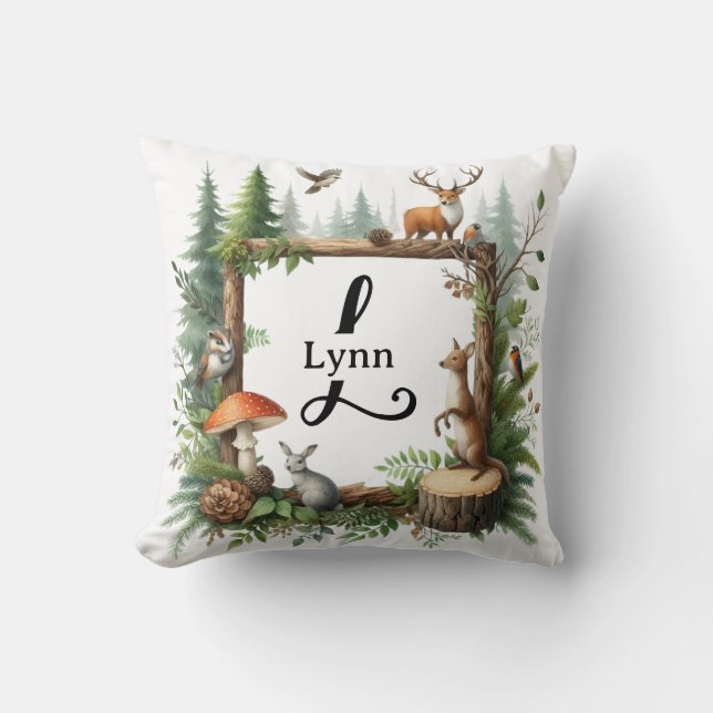 Coussin Animaux de la forêt personnalisés avec monogramme (Recto)