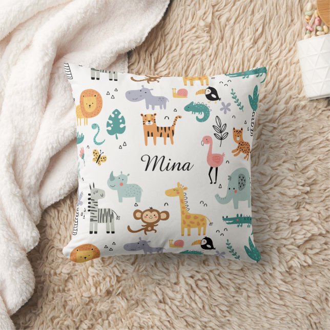 Coussin Animaux de la jungle safari mignons avec nom de bé (Couverture)