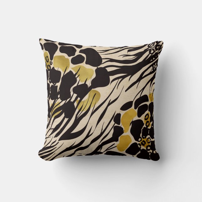 Coussin Animaux de Zoo Safari Brun Or Noir Impression Fête (Recto)
