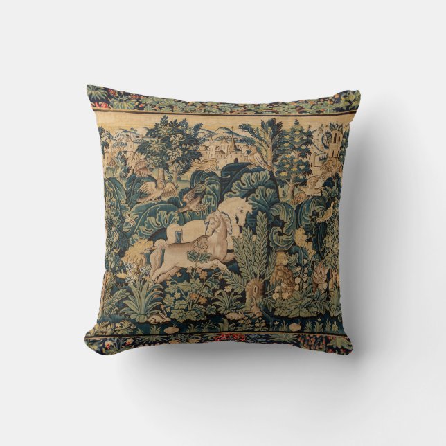 Coussin ANIMAUX D'IMAGINAIRE, CHEVAUX, BOIS Bleu Vert Flor (Recto)