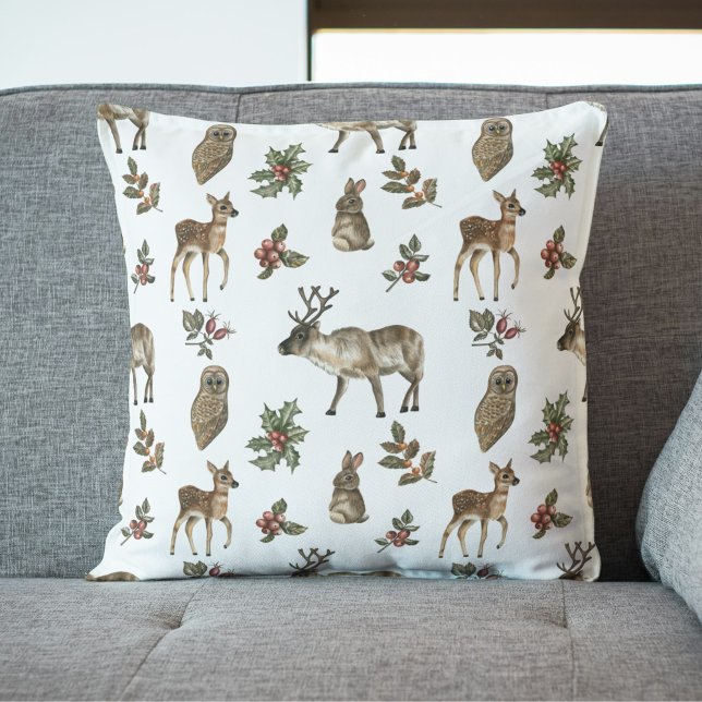 Coussin Animaux Fantaisistes de la Forêt de Bois Verdure M (Whimsical Woodland Forest Animals Greenery Pattern Pillow)