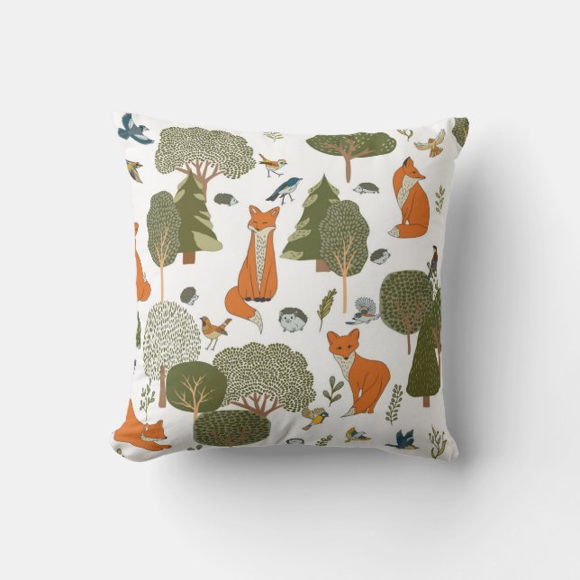 Coussin Animaux forestiers : renards, oiseaux motifs (Recto)