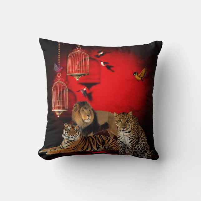 Coussin Animaux Lion Léopard Tiger Oiseaux Rouge Imprimer (Recto)