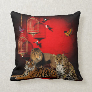 Coussin Animaux Lion Léopard Tiger Oiseaux Rouge Imprimer