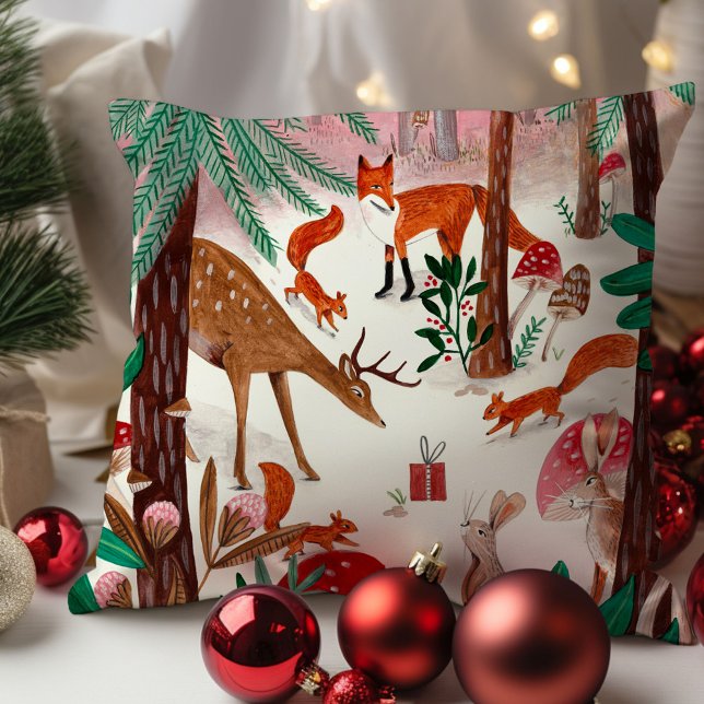 Coussin Animaux mignons de la forêt rose et verte forêt (Cute Woodland animals pink and green forest Throw Pillow)