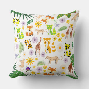 Coussin Animaux mignons Safari nurserie zoo jungle blanc v