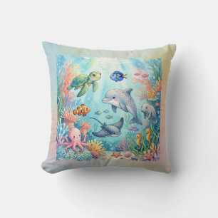 Coussin Animaux Océaniques Fantaisistes à l'Aquarelle Sous