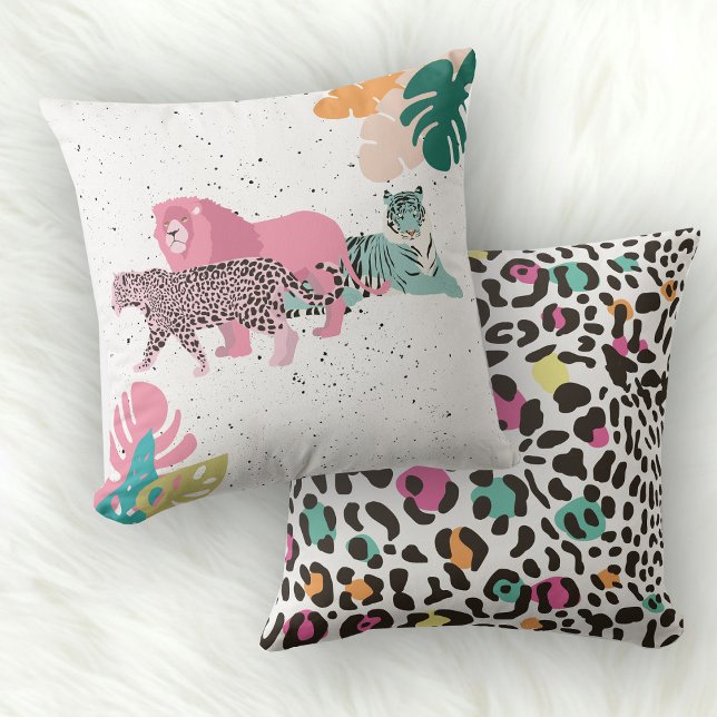 Coussin Animaux sauvages colorés et Feuilles tropicaux (Colorful Wild Animals & Tropical Leaves Throw Pillow)