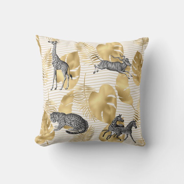 Coussin Animaux sauvages d'Afrique & feuilles d'or fausses (Recto)