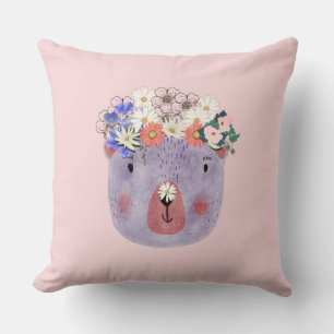 Coussin Animaux sauvages mignons rose girly avec fleurs po