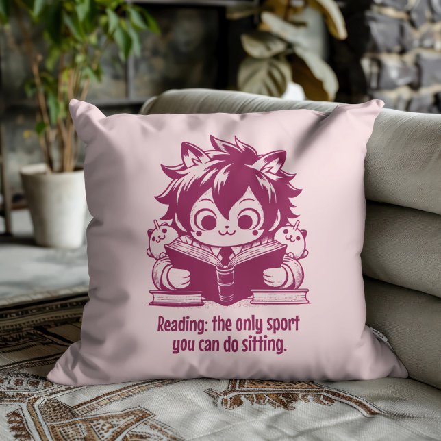Coussin Anime Catboy lit un livre et une citation drôle (Créateur téléchargé)