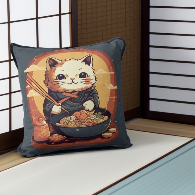 Coussin Anime Chat Manger Ramen Cute Style Japonais (Créateur téléchargé)