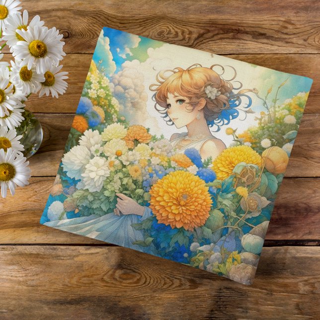 Coussin Anime Girl en Fleurs Jaunes et Bleues (Créateur téléchargé)
