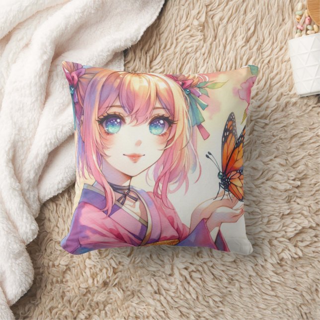 Coussin Anime Girl Holding a Butterfly Personnalisé (Couverture)