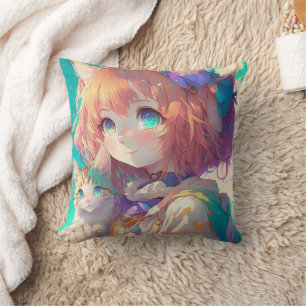 Coussin Anime Girl Holding an Adorable Kitten