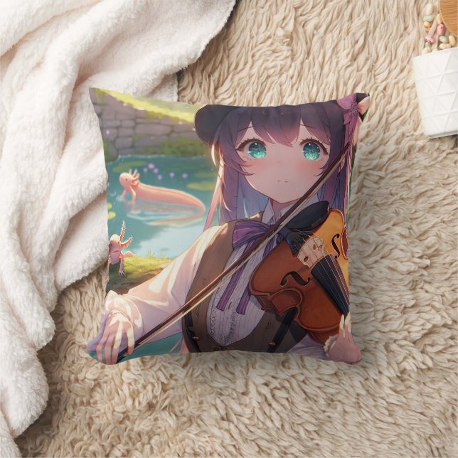 Coussin Anime Girl Jouer le violon et les Axolotls (Couverture)