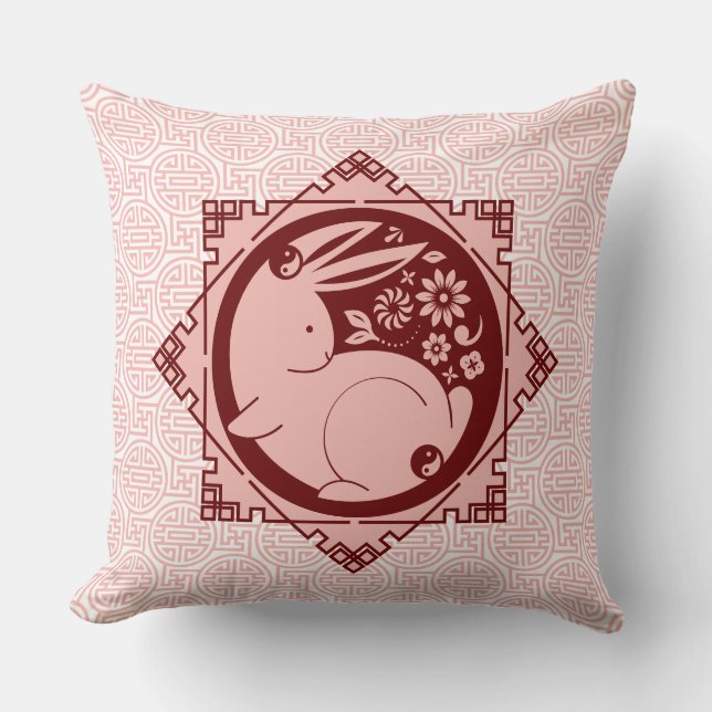 Coussin Année du lapin Mantras chinois Nouvel an rose (Recto)