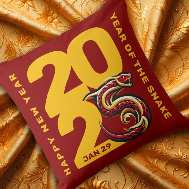 Coussin Année Or Rouge du Serpent 2025 (CNY 2025 Throw Pillow Golden Fabric Cover Photo)