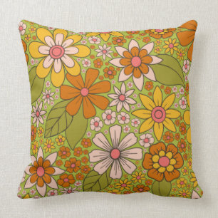 Coussin Années 1960, 1970 Vert & Orange Retro Floral
